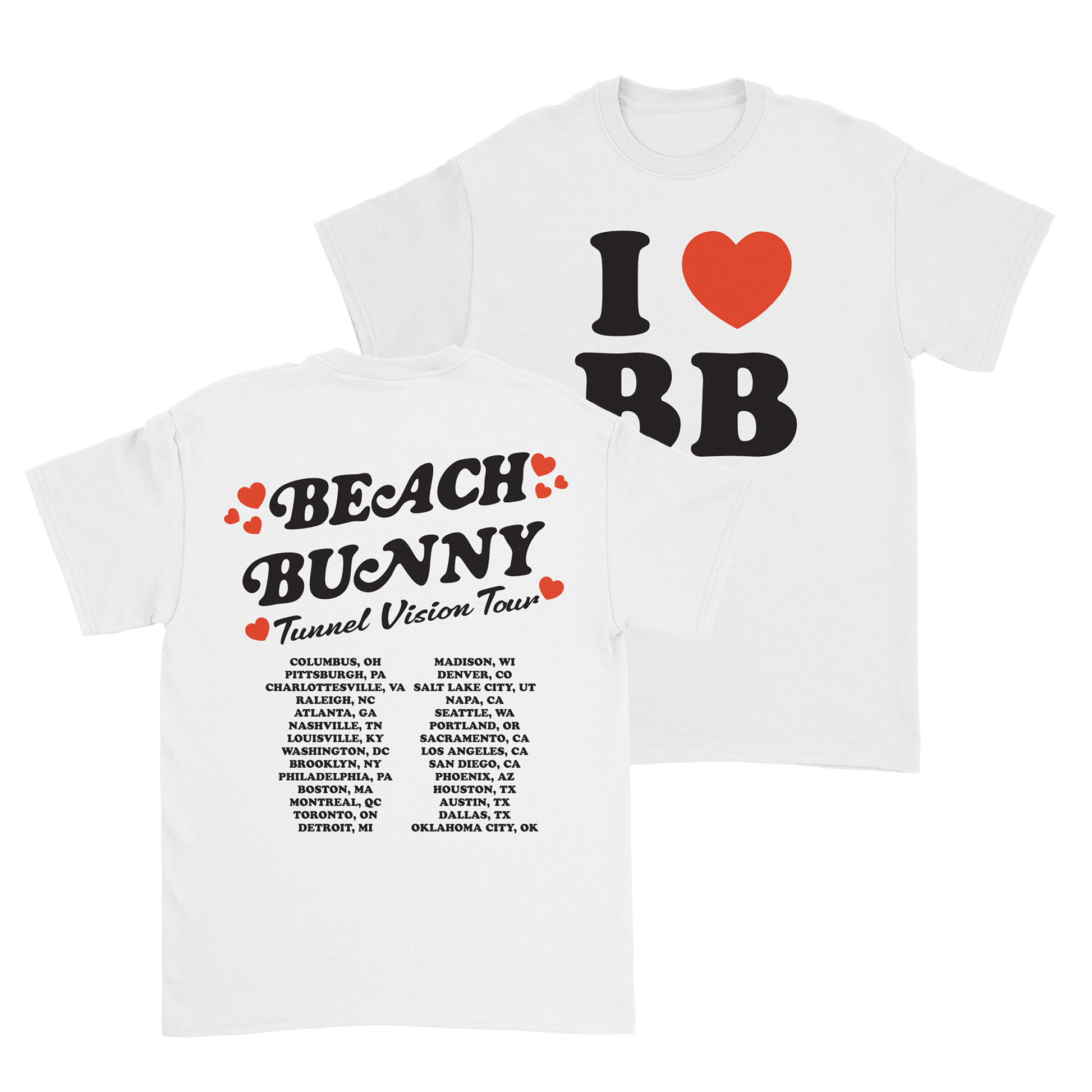 White t-shirt with 'I ❤️ BB' and 'Beach Bunny Tunnel Vision Tour' text on a white background