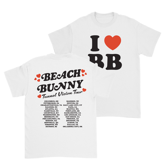 White t-shirt with 'I ❤️ BB' and 'Beach Bunny Tunnel Vision Tour' text on a white background